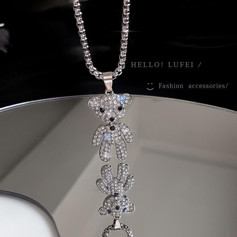 Cool hip-hop full diamond bear necklace for women, long design sense, unique pendant, niche, versatile, sweet and elegant necklace detail image 3