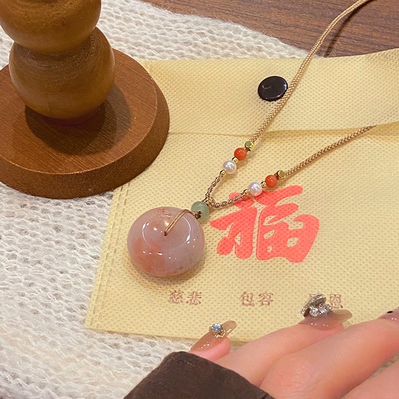 中式民族风天然石平安扣佛公项链抽拉可调节玛瑙锁骨链毛衣链批发项链详情图6
