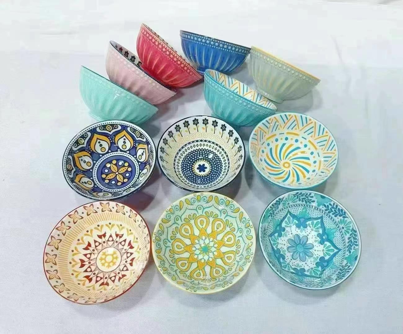 双面手绘浮雕4.75寸机印碗，混款波西米亚风碗碟盘子碗碟详情图9