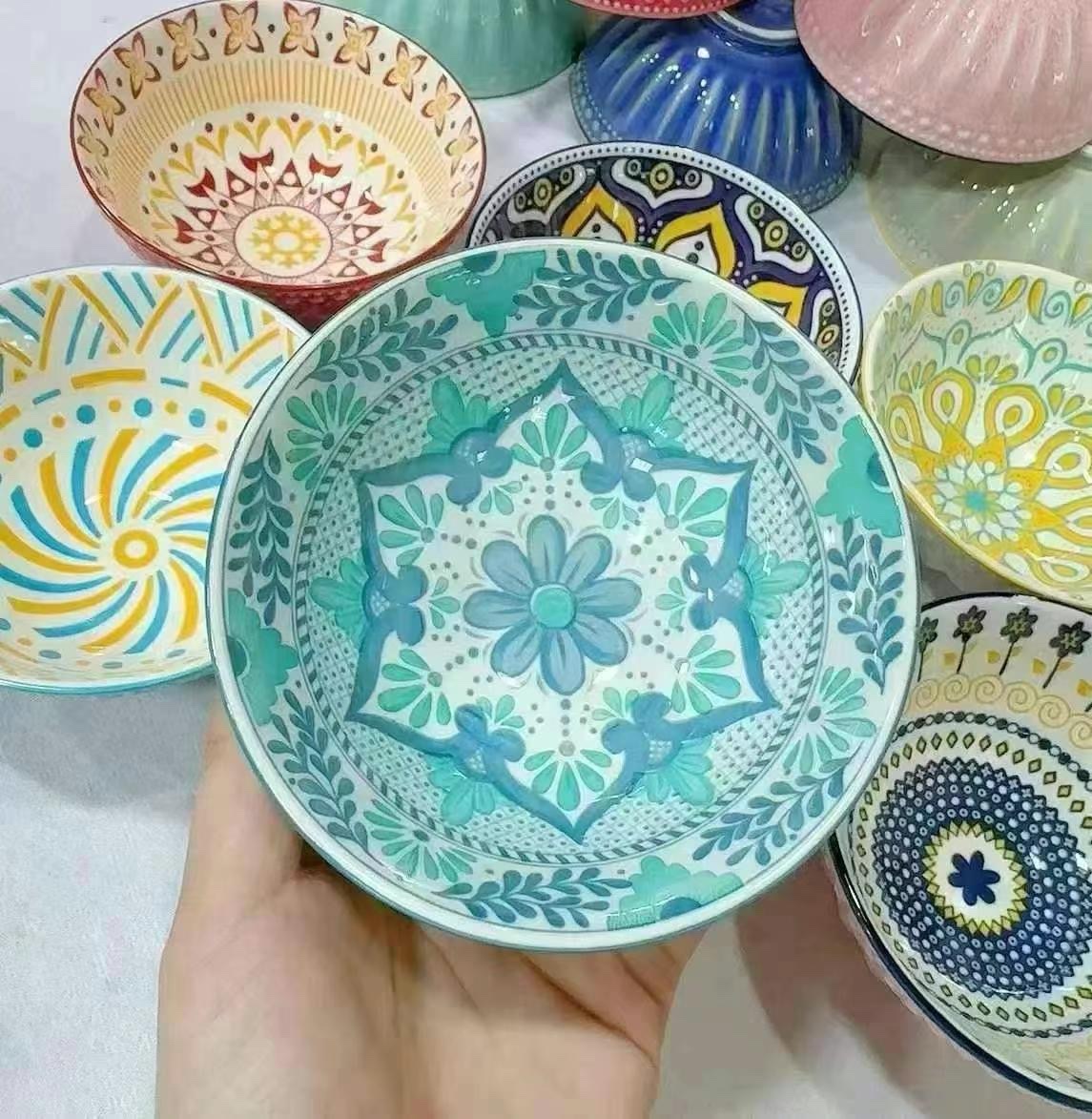 双面手绘浮雕4.75寸机印碗，混款波西米亚风碗碟盘子碗碟详情图3
