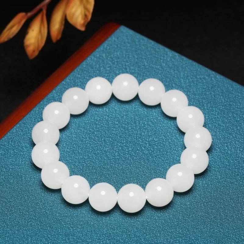 Hetian jade, Qinghai Laokeng material white jade bracelet for women, 10mm round beads, Hetian white jade beads, delicate, warm, simple and plain string, excellent gift string Item Picture