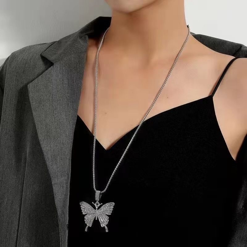 Titanium steel necklace 2024 Butterfly pendant necklace, full diamonds, slightly set diamonds, fashionable long sweater chain, light luxury, ins titanium steel necklace 2024 butterfly pendant necklace, full diamonds, slightly set diamonds, fashionable long style details Picture
