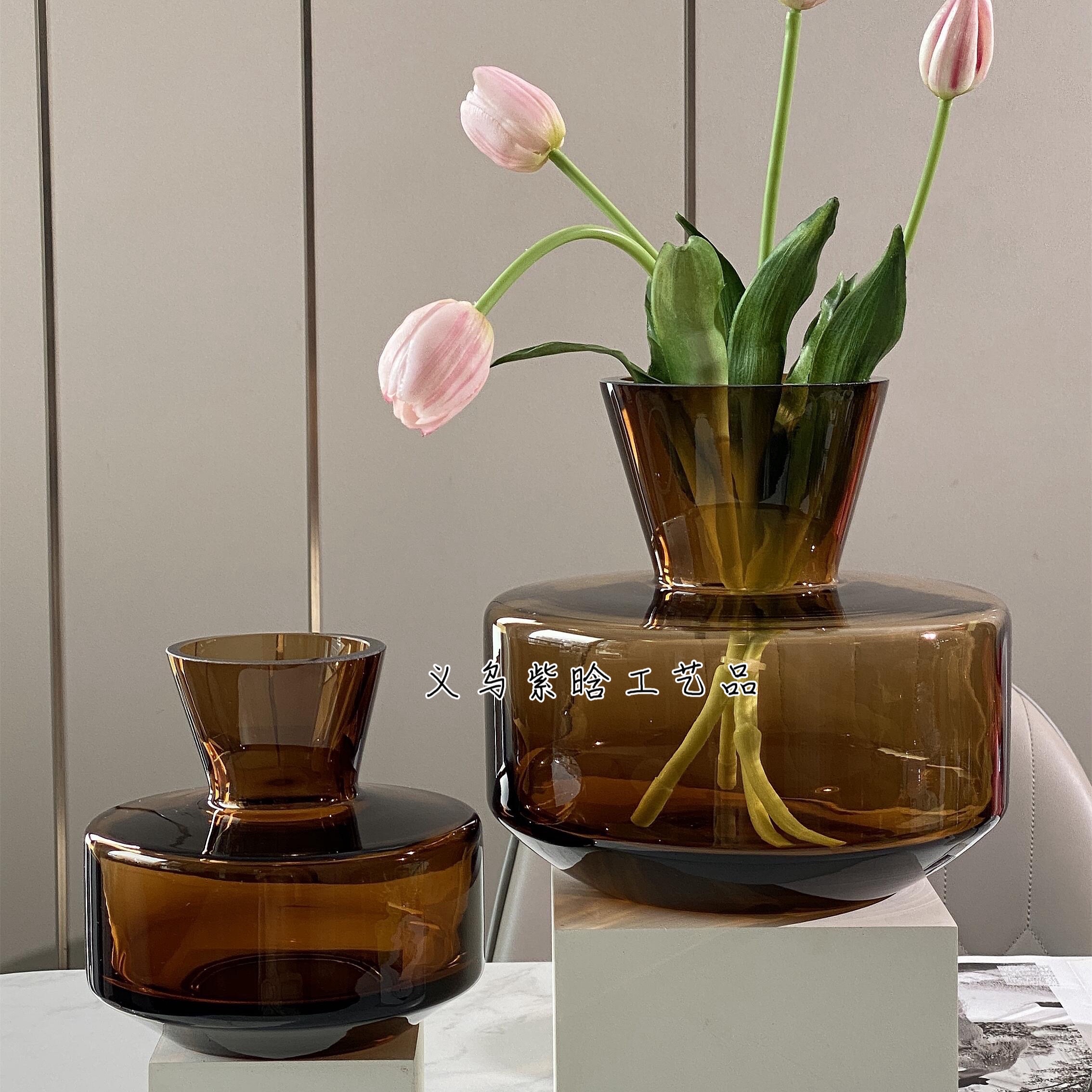 轻奢简约丹麦设计师款创意琥珀琉璃玻璃花瓶家居客厅插花装饰摆件