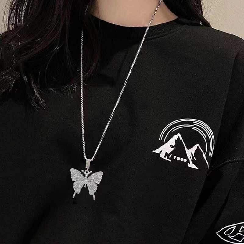 Titanium steel necklace 2024 Butterfly pendant necklace, full diamonds, slightly set diamonds, fashionable long sweater chain, light luxury, ins titanium steel necklace 2024 butterfly pendant necklace, full diamonds, slightly set diamonds, fashionable long style Application Scenario