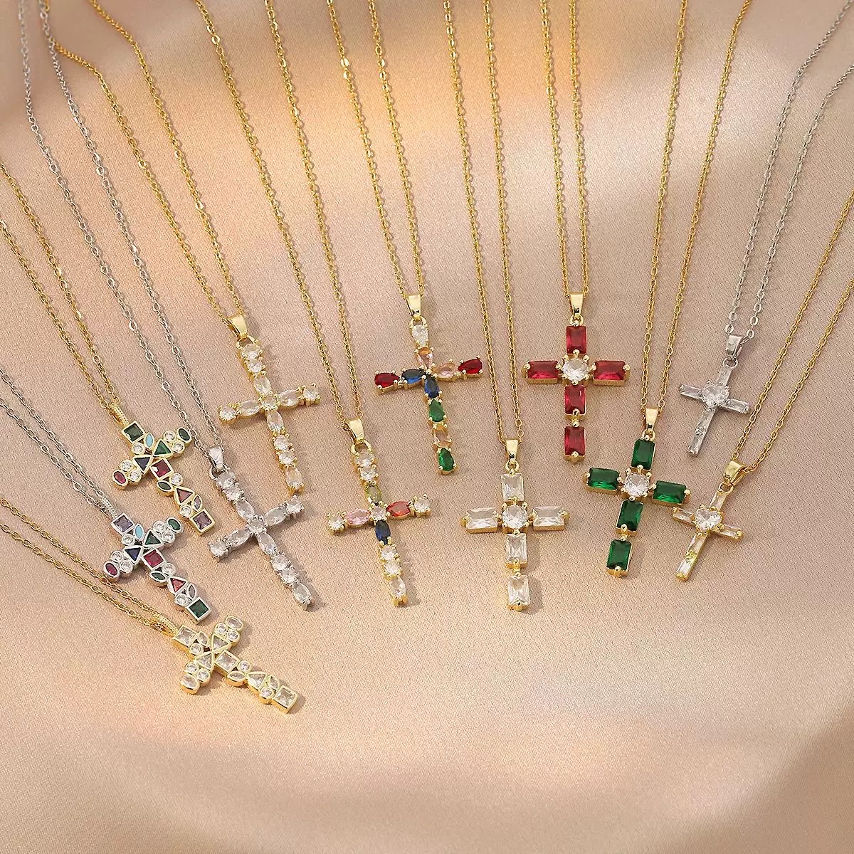 项链女跨境锆石新款十字架吊坠时尚气质欧美风彩色锆石锁骨链项饰项链