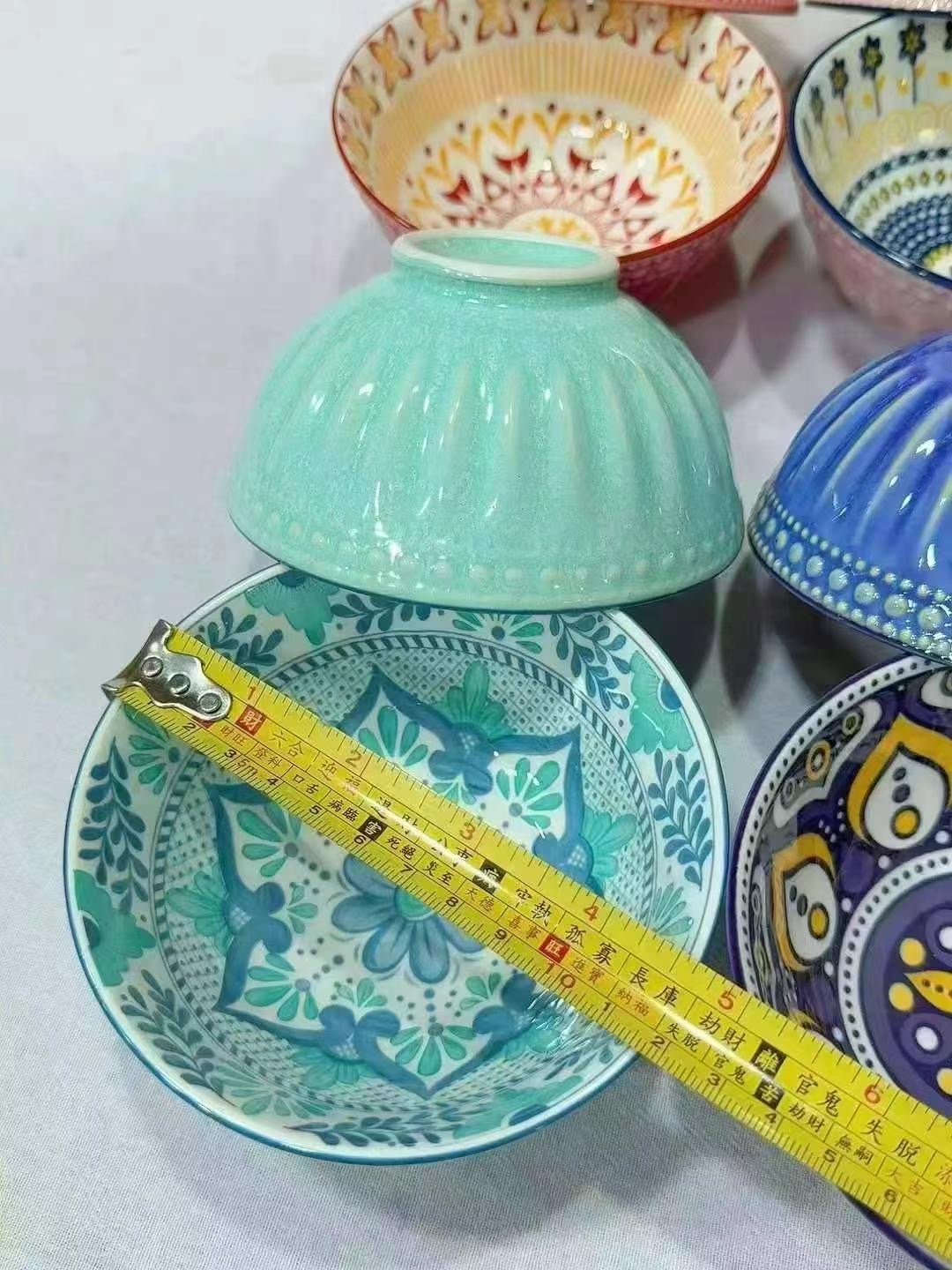 双面手绘浮雕4.75寸机印碗，混款波西米亚风碗碟盘子碗碟详情图4