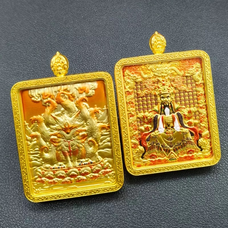 Double-sided relief three-dimensional gilded Thangka Di Zang Wang Wu Ye Pendant Nine-Tailed Fox Necklace, men's and women's styles, gift lanyard wholesale necklace detail image 3