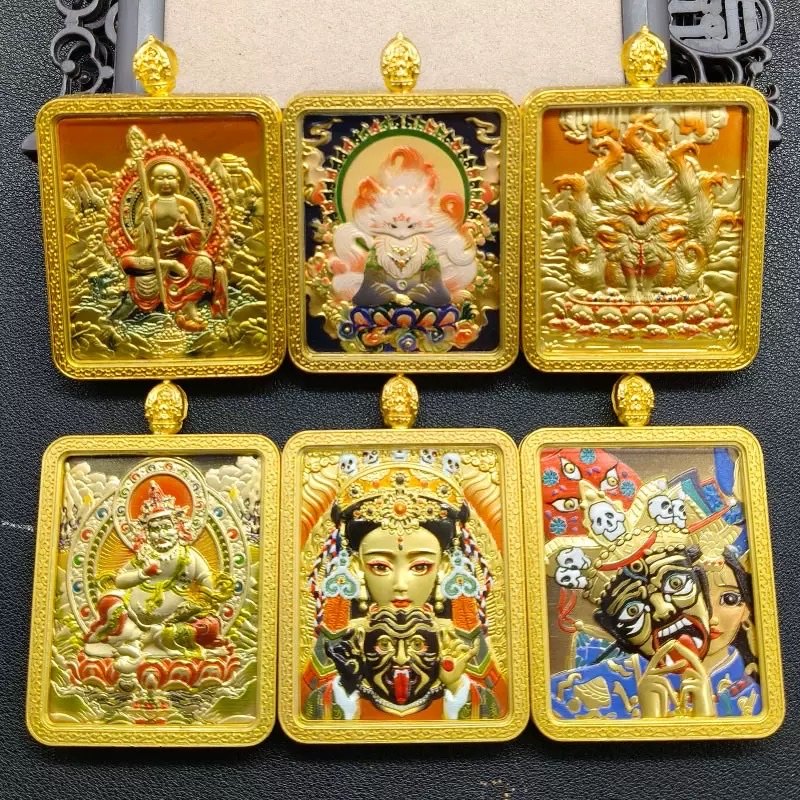 双面浮雕立体鎏金唐卡地藏王五爷吊坠九尾狐项链男女款送挂绳批发项链