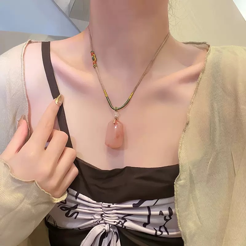 中式民族风天然石平安扣佛公项链抽拉可调节玛瑙锁骨链毛衣链批发项链