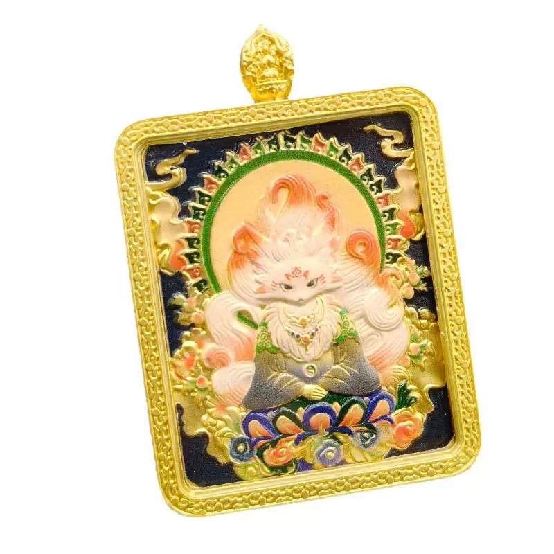 Double-sided relief three-dimensional gilded Thangka Di Zang Wang Wu Ye Pendant Nine-Tailed Fox Necklace, men's and women's styles, gift lanyard wholesale necklace detail image 5