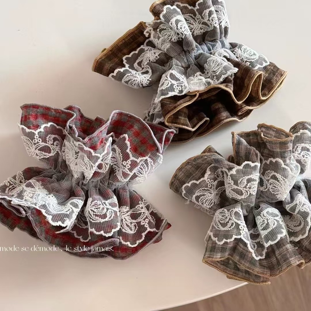 韩系气质女士格子蕾丝双层大肠发圈 侧低马尾发绳 扎头发皮筋头绳 头花造型优雅