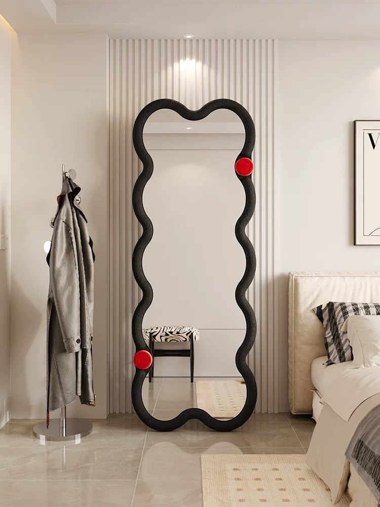 Creative Wave Floor-To-Ceiling Mirror, Full-Length Mirror, Irregular Home Dressing Mirror, Cream Style Application Scenario