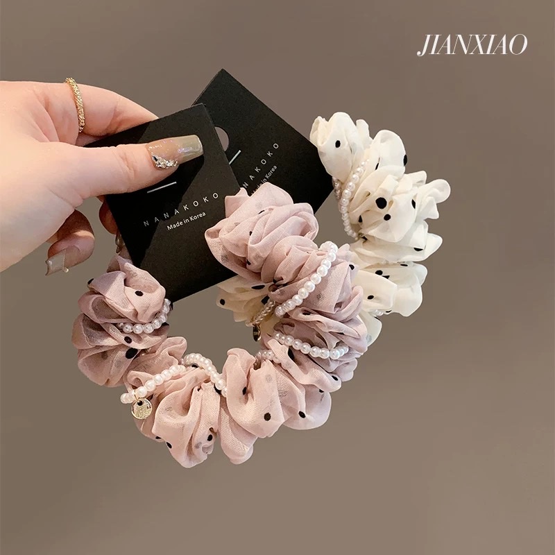 浪漫波点网纱肥肠圈甜美珍珠高弹橡皮圈气质扎马尾头圈高级感发绳艾米雅饰品详情图6