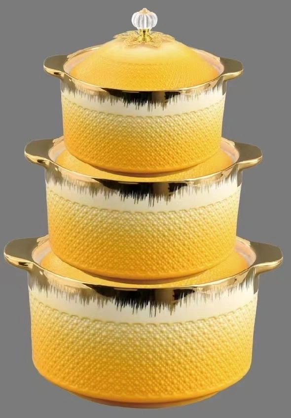 Wholesale of 3-piece sets of soup POTS, ceramic soup basins, household double-ear POTS, electroplated gold edge relief ceramic pot LIDS detail image 4