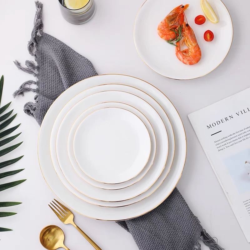 Golden-edge ceramic round Western dinner plate, household vegetable plate, shallow plate, flat plate, cold dish plate, steak plate, Western tableware detail image 2