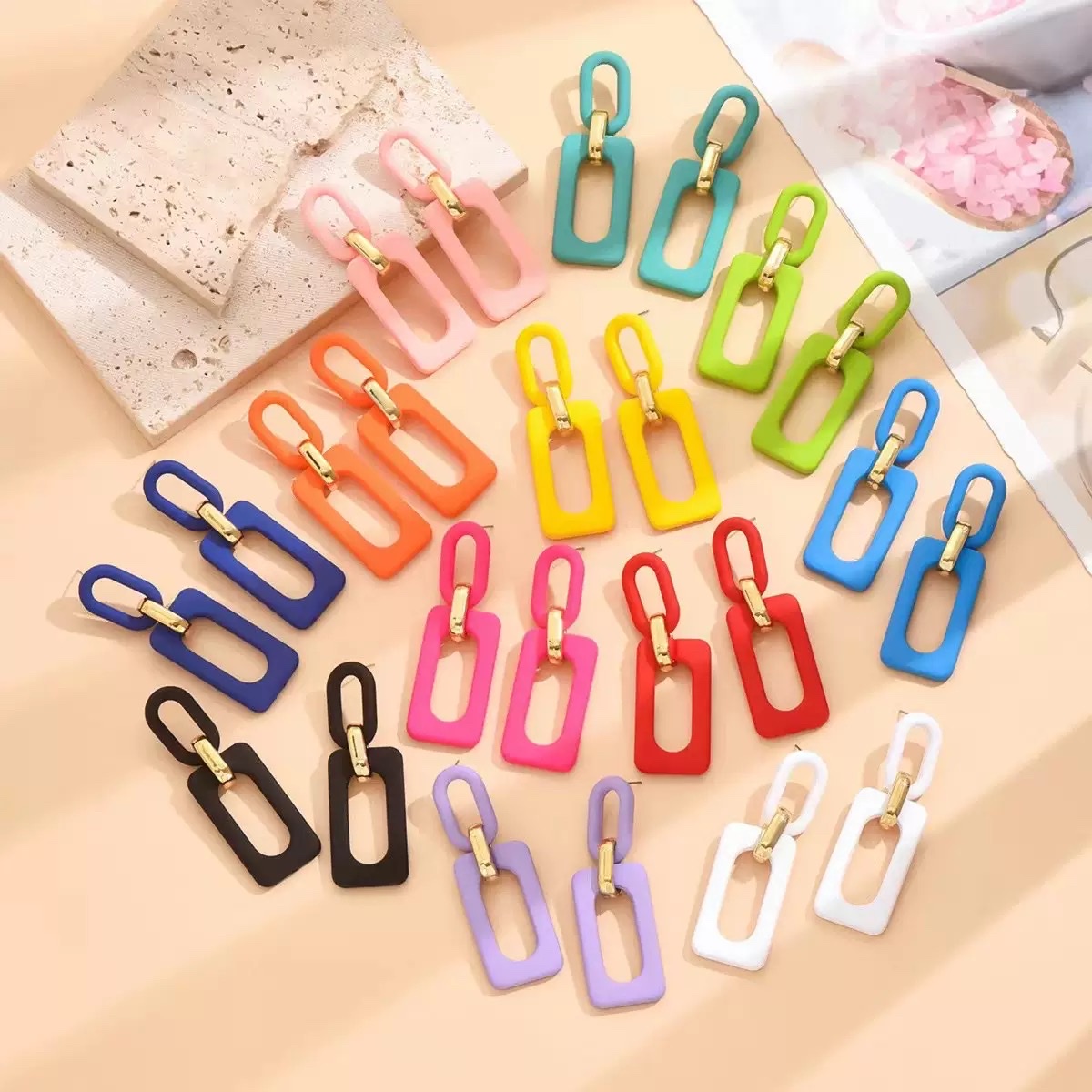 This new spring/Summer 2025 collection of earrings is specially designed for cross-border e-commerce. It features a three-piece set of rectangular, hollowed-out, and patchwork acrylic earrings and stud earrings, as well as retro and unique European and American niche earrings detail image 2