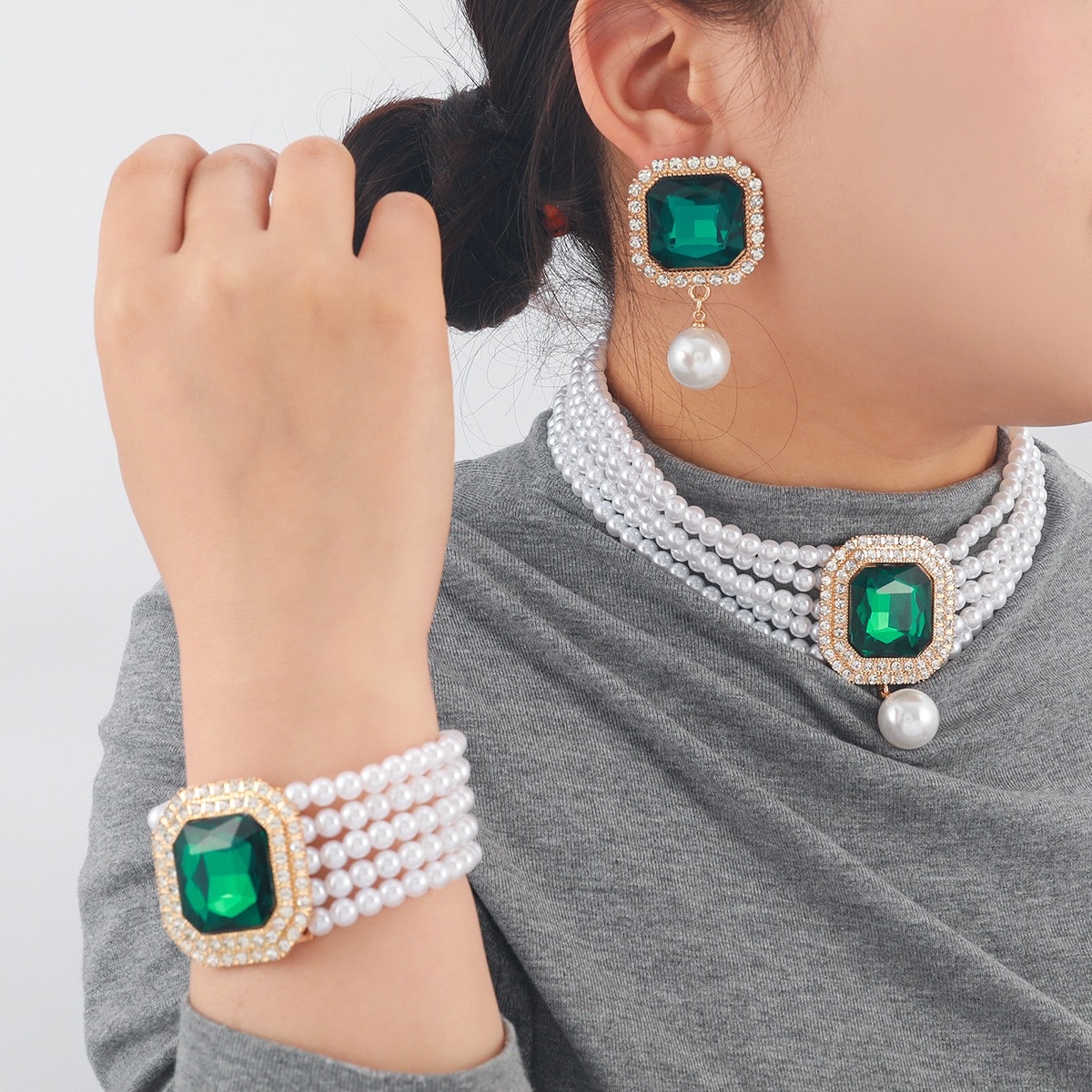 欧美夸张水晶玻璃几何形耳环项链套装大牌轻奢choker颈链