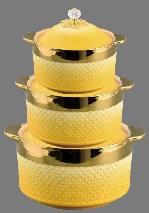 Wholesale of 3-piece sets of soup POTS, ceramic soup basins, household double-ear POTS, electroplated gold edge relief ceramic pot LIDS detail image 5