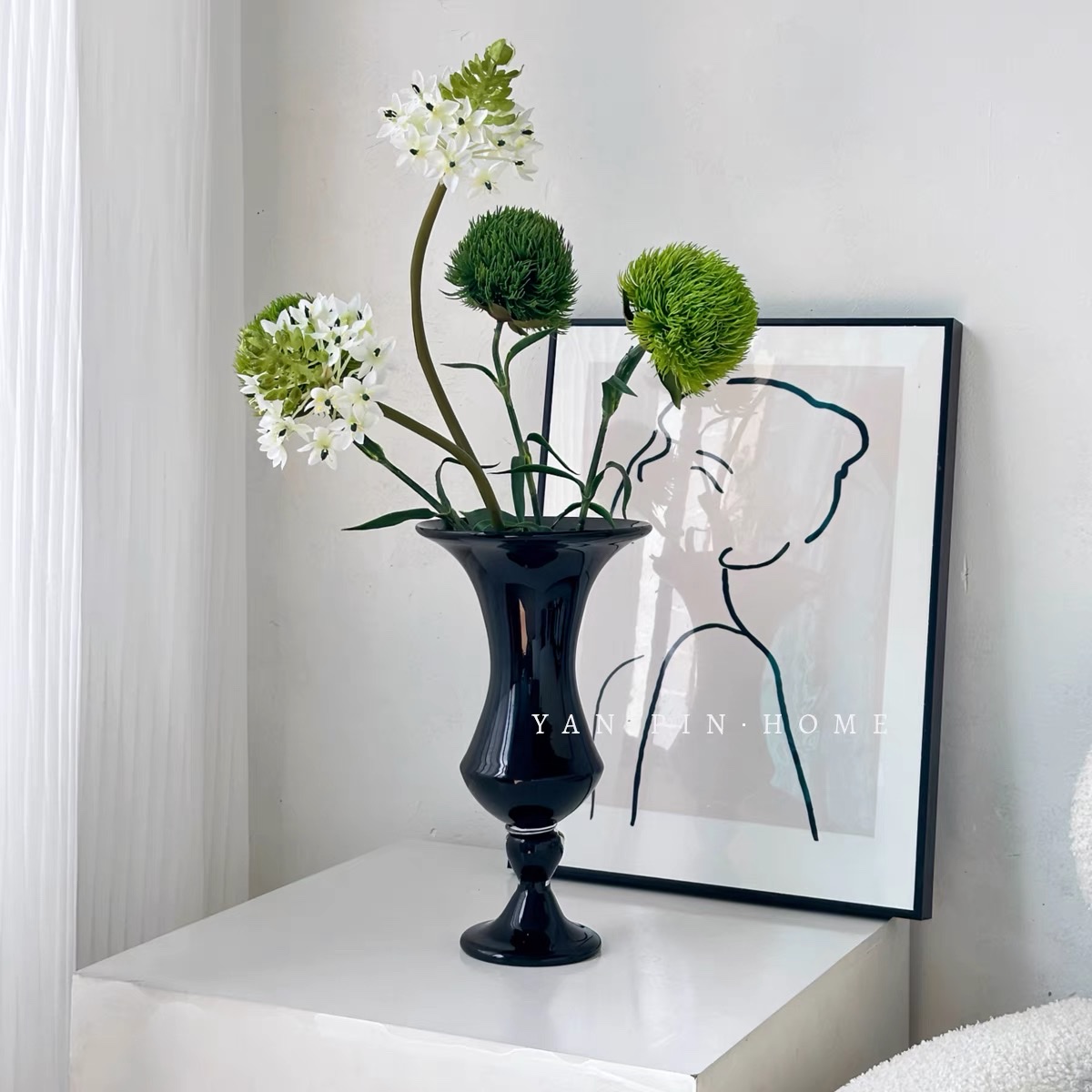 黑色高脚琉璃花瓶风灯花器复古家居软装摆件中古风高级感简约花瓶细节图