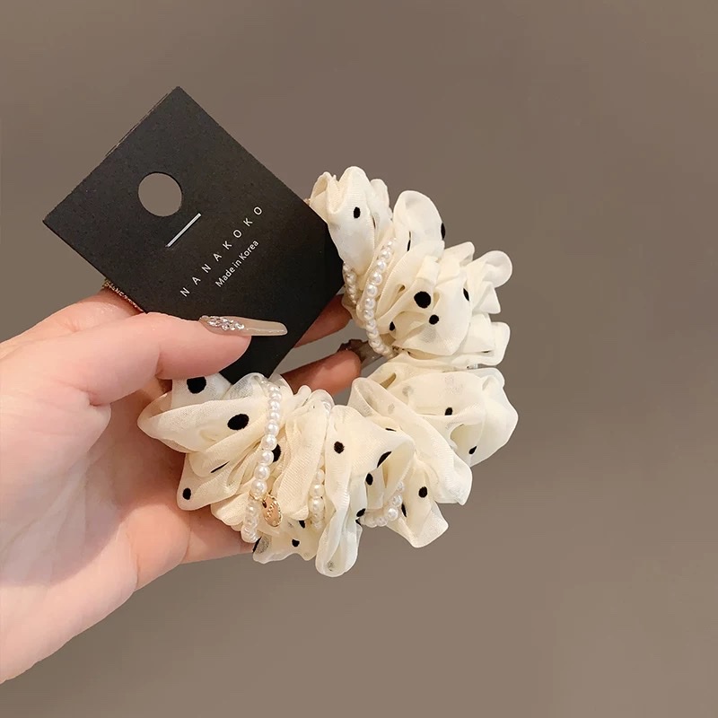 浪漫波点网纱肥肠圈甜美珍珠高弹橡皮圈气质扎马尾头圈高级感发绳艾米雅饰品详情图5