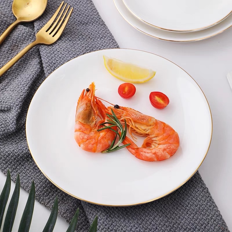 Golden-edge ceramic round Western dinner plate, household vegetable plate, shallow plate, flat plate, cold dish plate, steak plate, Western tableware Item Picture