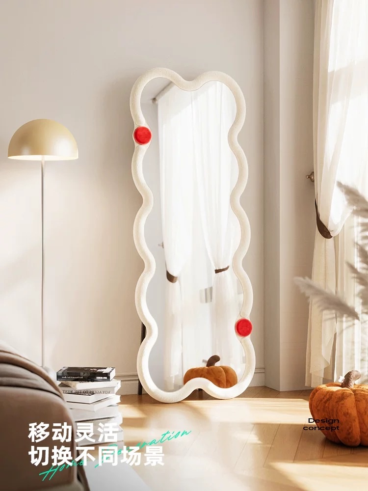 Creative Wave Floor-To-Ceiling Mirror, Full-Length Mirror, Irregular Home Dressing Mirror, Cream Style details Picture
