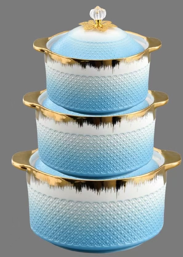 Wholesale of 3-piece sets of soup POTS, ceramic soup basins, household double-ear POTS, electroplated gold edge relief ceramic pot LIDS Specification image