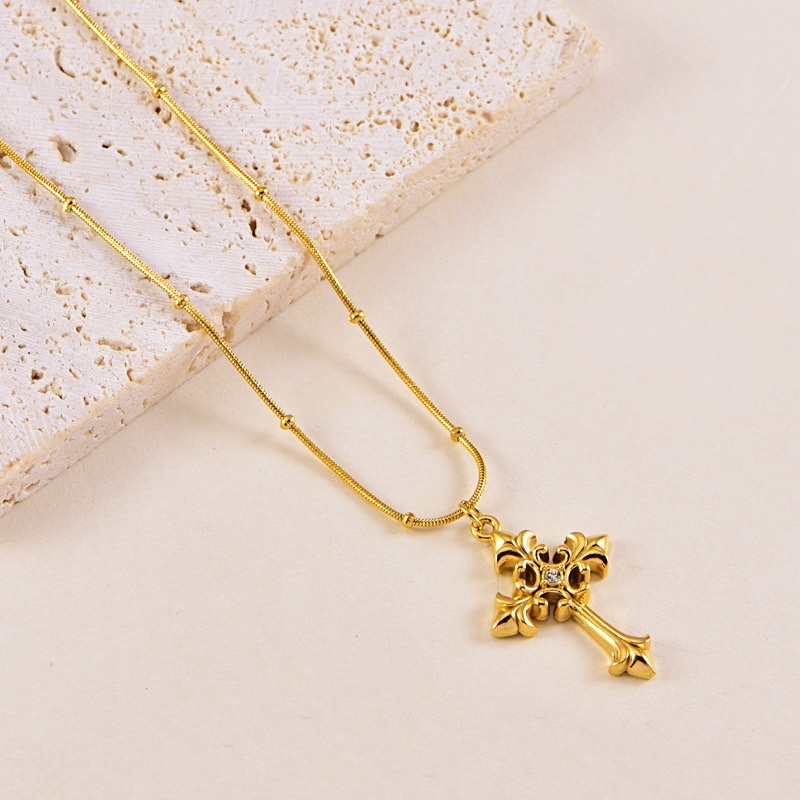 跨境镶钻花纹十字架钛钢项链女高级感圆珠蛇骨锁骨链不锈钢厂家批发男产品图