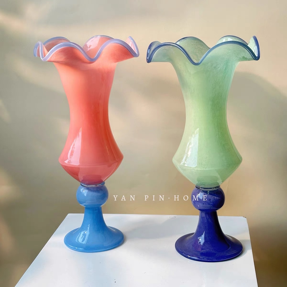 Vintage复古风中古法式餐桌花瓶手工琉璃高脚花器摆件插花装饰品产品图