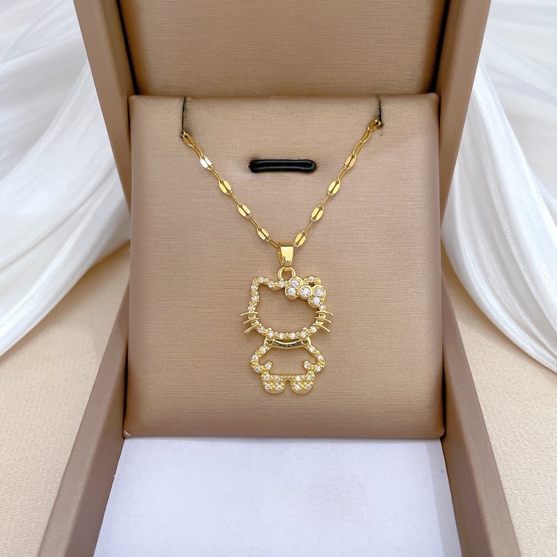 【钛钢】缕空猫咪轻奢气质华丽满钻项链女百搭锁骨链钛钢链条