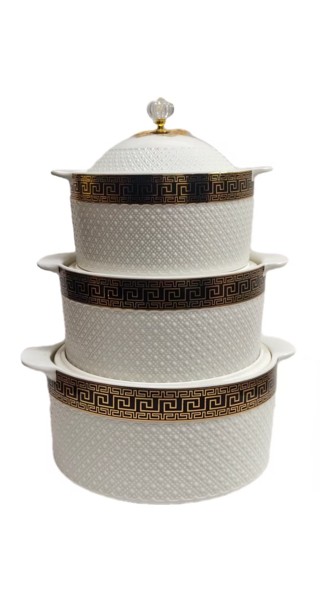 Wholesale of 3-piece sets of soup POTS, ceramic soup basins, household double-ear POTS, electroplated gold edge relief ceramic pot LIDS detail image 10