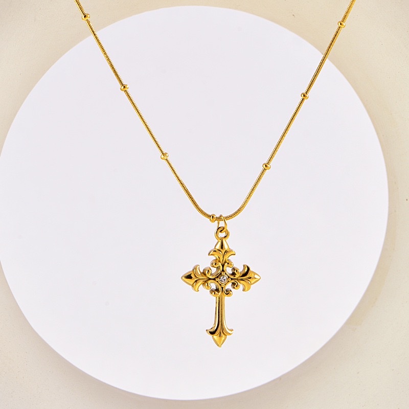 跨境镶钻花纹十字架钛钢项链女高级感圆珠蛇骨锁骨链不锈钢厂家批发男详情图3