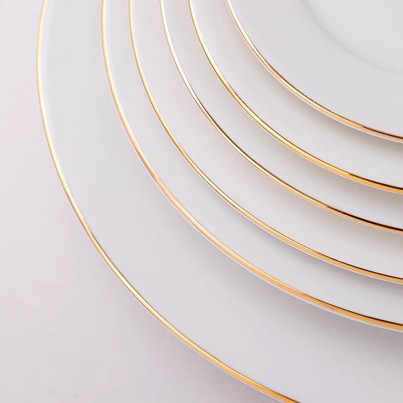 Golden-edge ceramic round Western dinner plate, household vegetable plate, shallow plate, flat plate, cold dish plate, steak plate, Western tableware Specification image
