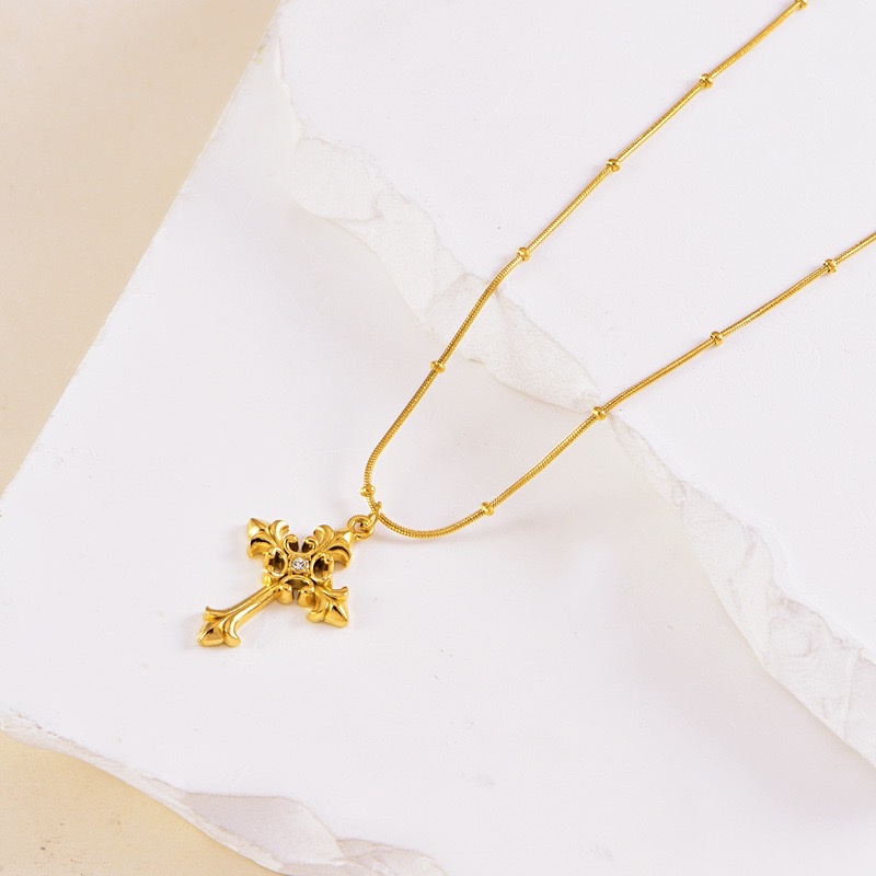 跨境镶钻花纹十字架钛钢项链女高级感圆珠蛇骨锁骨链不锈钢厂家批发男详情图5