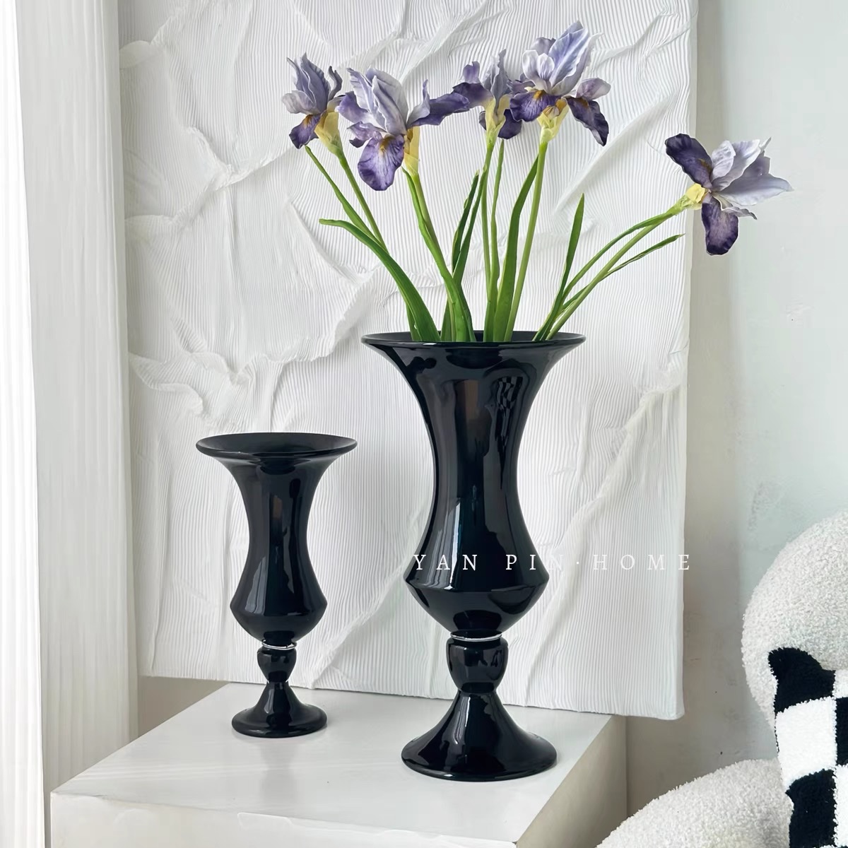 黑色高脚琉璃花瓶风灯花器复古家居软装摆件中古风高级感简约花瓶