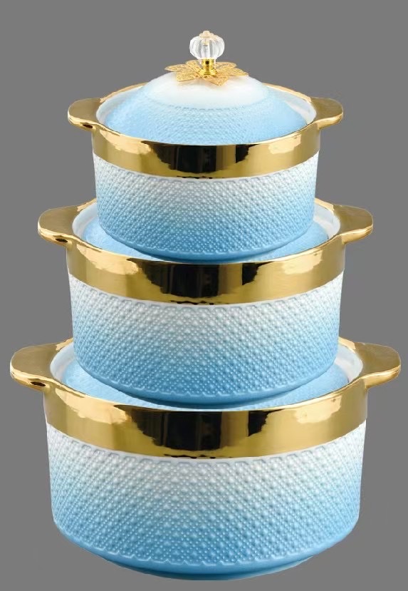 Wholesale of 3-piece sets of soup POTS, ceramic soup basins, household double-ear POTS, electroplated gold edge relief ceramic pot LIDS detail image 2
