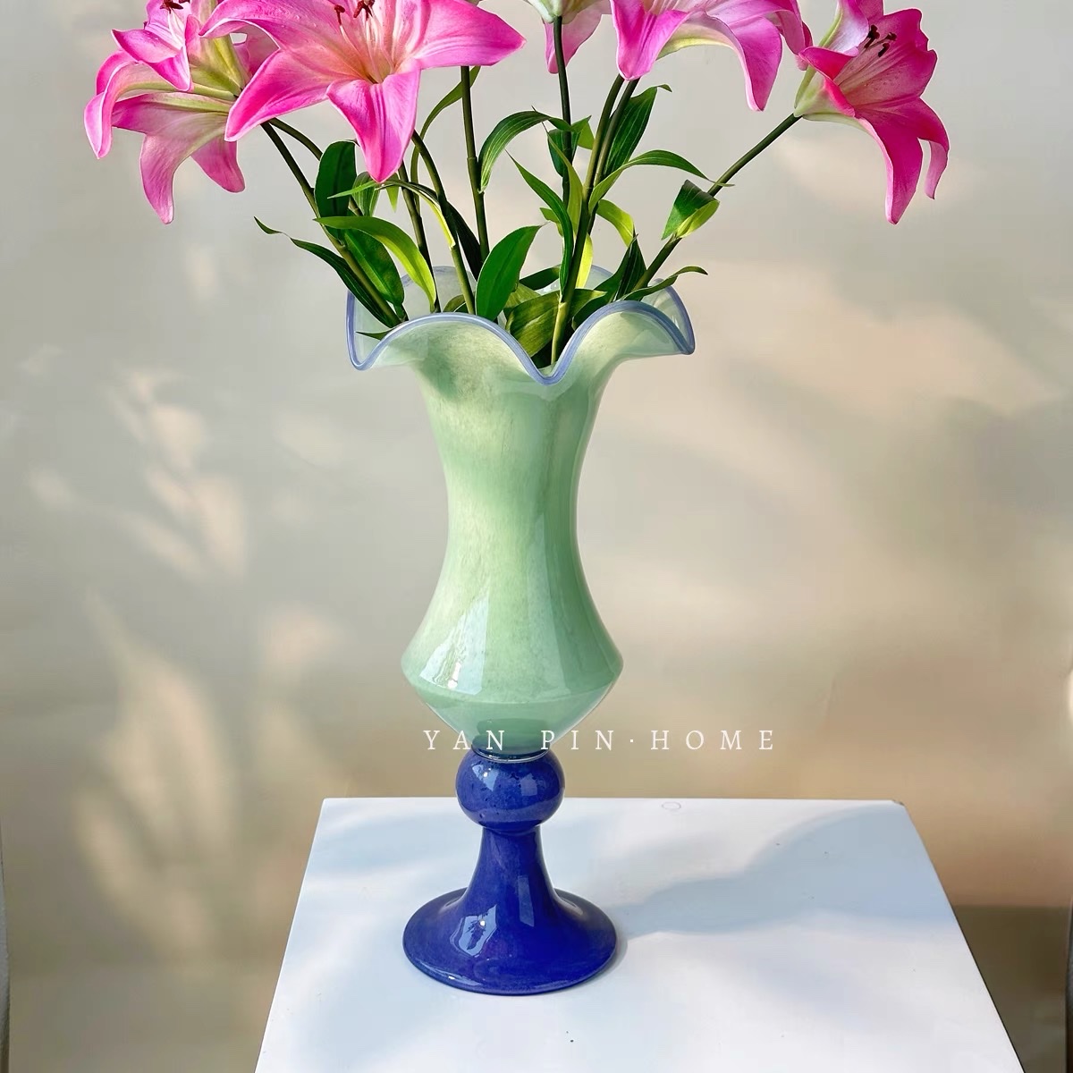 Vintage复古风中古法式餐桌花瓶手工琉璃高脚花器摆件插花装饰品