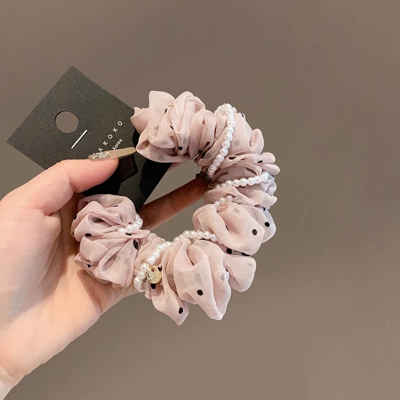 浪漫波点网纱肥肠圈甜美珍珠高弹橡皮圈气质扎马尾头圈高级感发绳艾米雅饰品详情图3