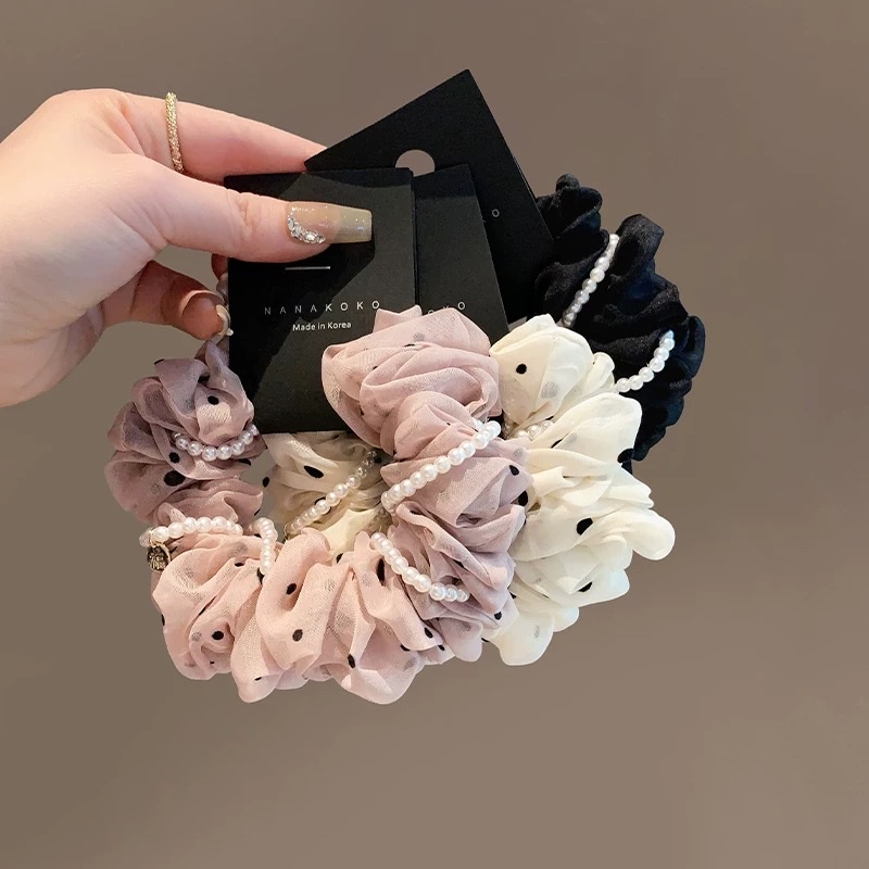 浪漫波点网纱肥肠圈甜美珍珠高弹橡皮圈气质扎马尾头圈高级感发绳艾米雅饰品详情图2