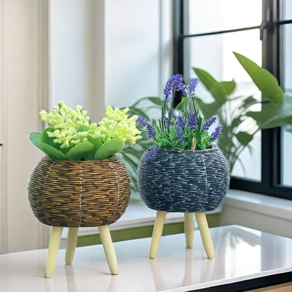 仿藤手工编织植物花篮椭圆南瓜篮桌面杂物带盖收纳筐绿植置物筐产品图