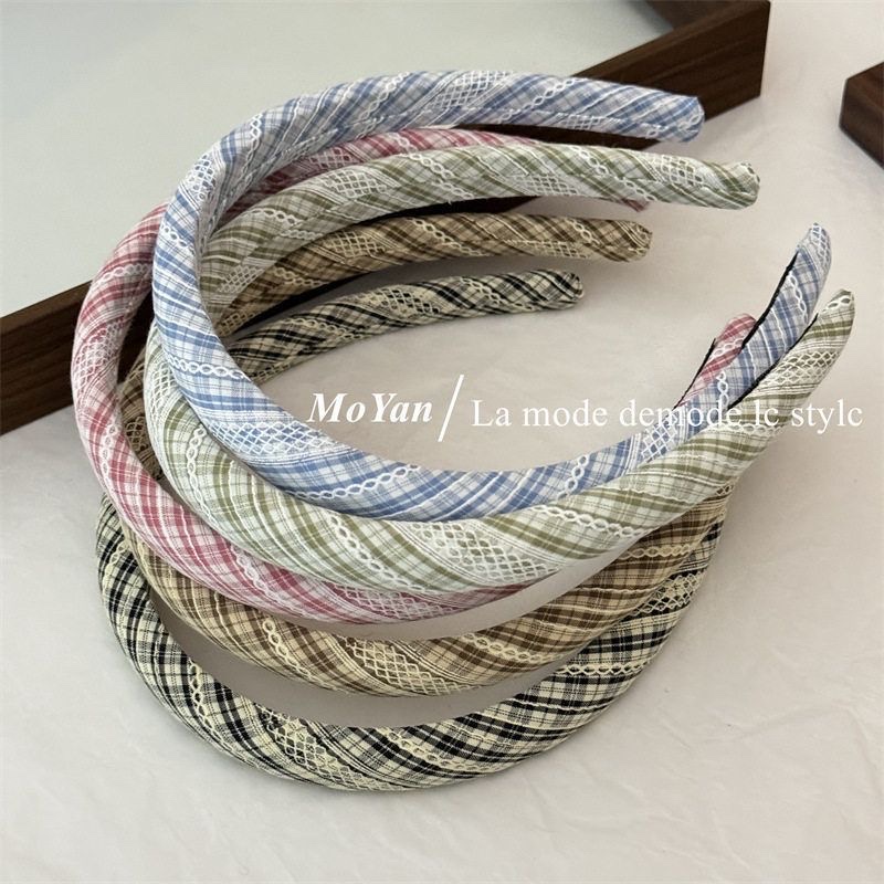 韩版小清新格纹布艺海绵发箍细款高颅顶头箍早春新款百搭外出发卡产品图