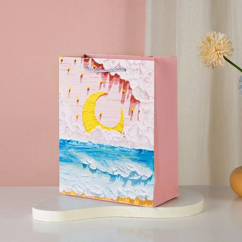 创意油画纸袋奶茶购物鲜花收纳手提袋生日礼品袋彩印纸袋批发包装伴手礼包装盒图