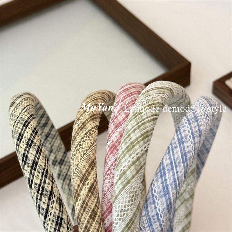 韩版小清新格纹布艺海绵发箍细款高颅顶头箍早春新款百搭外出发卡细节图