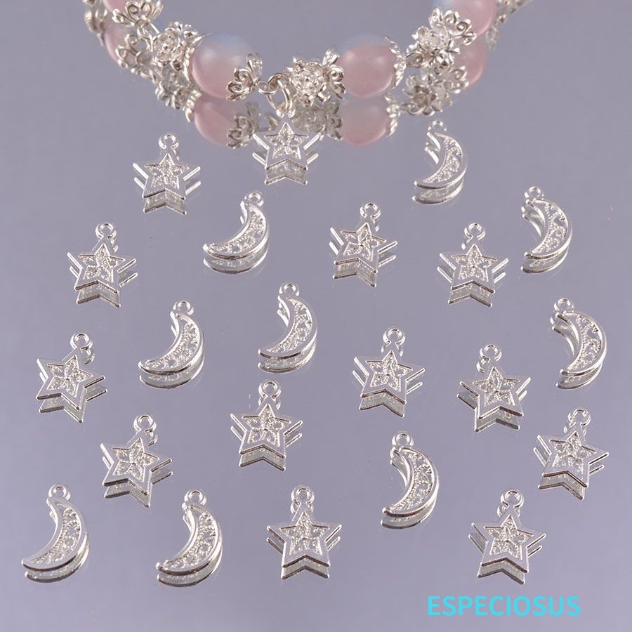 diy trendy jewelry accessories with bright silver alloy hollowed-out moon pendants, carved star pendants, bracelets and beads