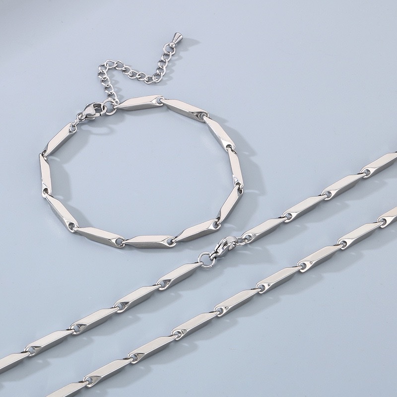 Hip-hop personality diamond-shaped bamboo link chain necklace, simple and elegant, stainless steel dazzling quenched bracelet men's set Item Picture