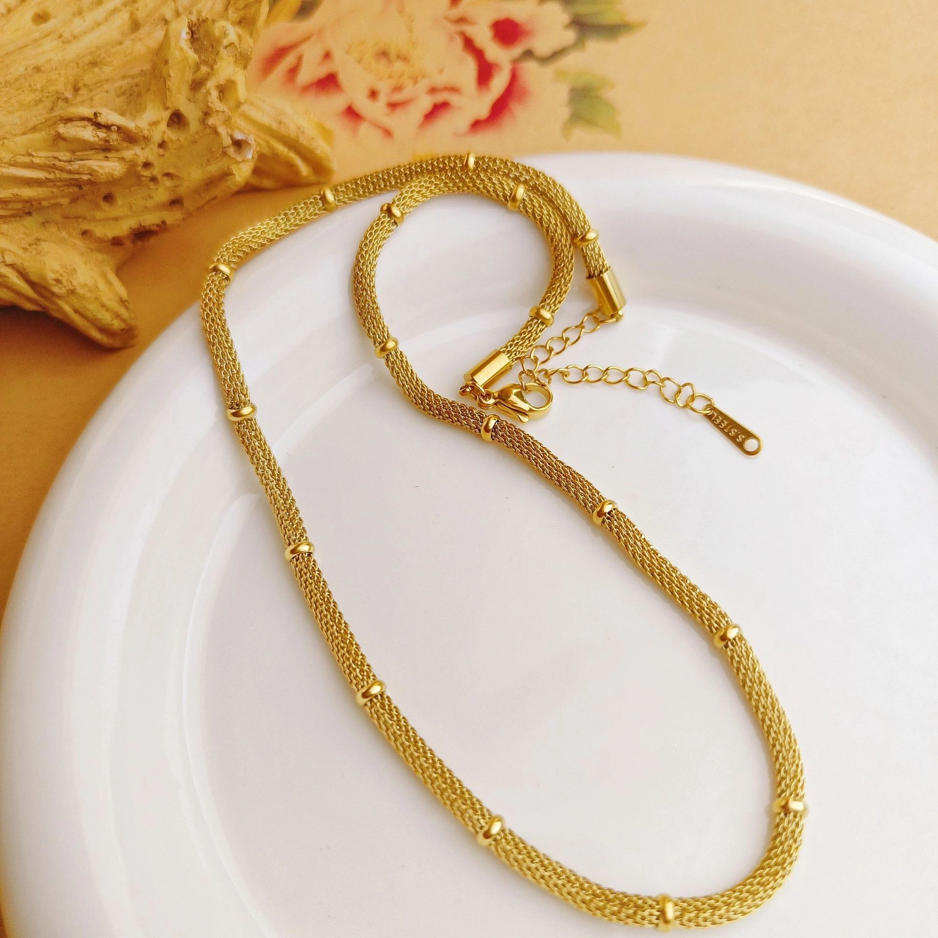 European and American fashion, niche and simple necklace, titanium steel bracelet, metal mesh round light luxury chain, retro accessory set, stainless steel accessory for women detail image 5