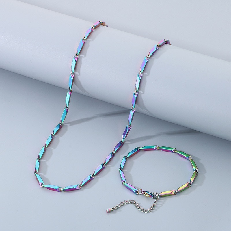 Hip-hop personality diamond-shaped bamboo link chain necklace, simple and elegant, stainless steel dazzling quenched bracelet men's set detail image 8