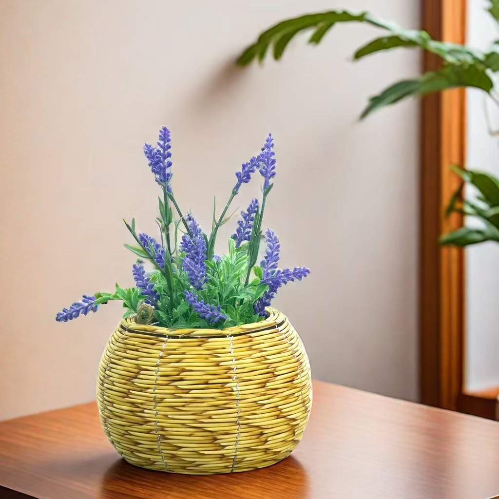 仿藤手工编织植物花篮椭圆南瓜篮桌面杂物带盖收纳筐绿植置物筐细节图