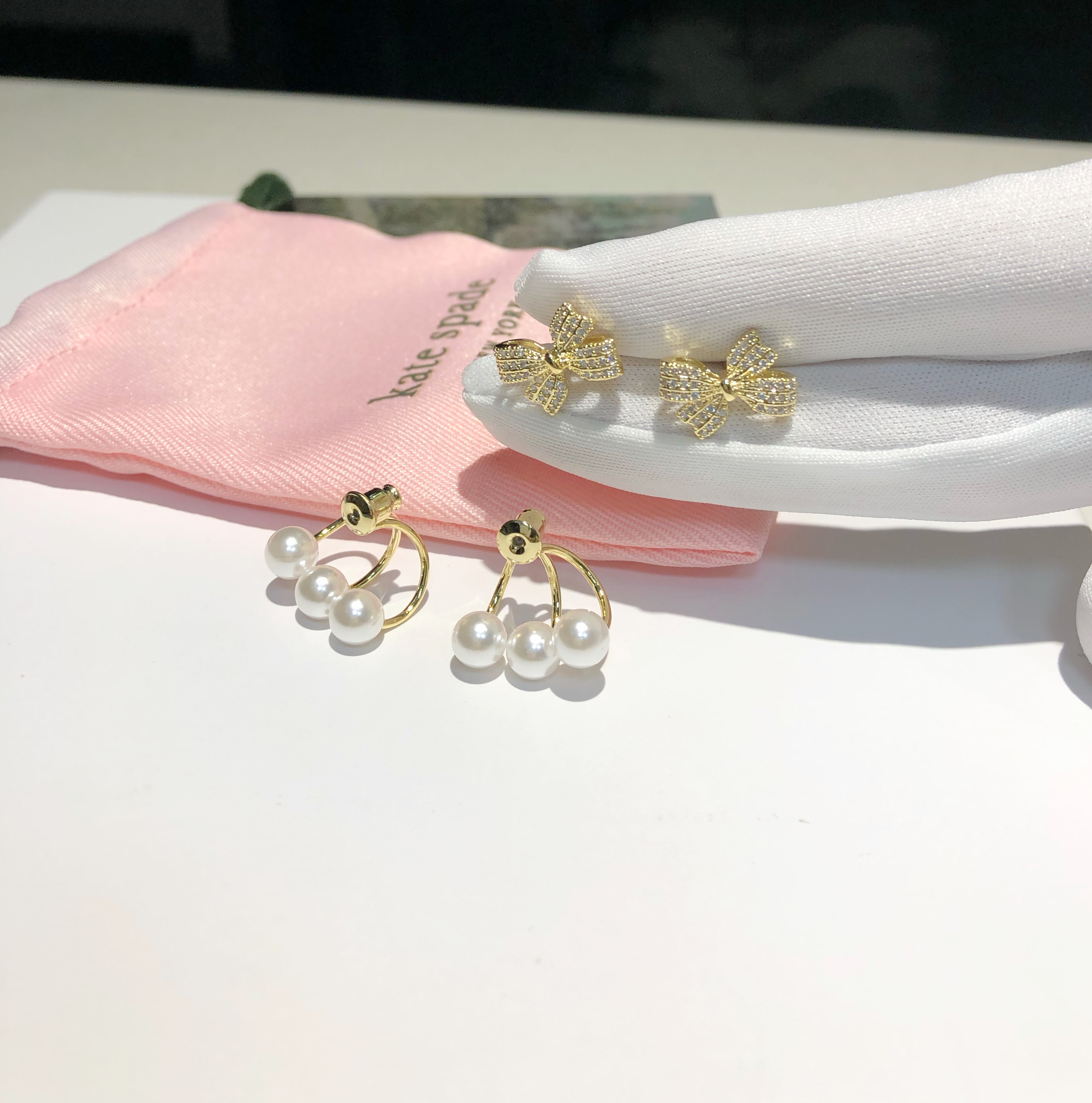 国潮蝴蝶结两戴式珍珠耳环 通勤百搭时尚简约款耳钉
