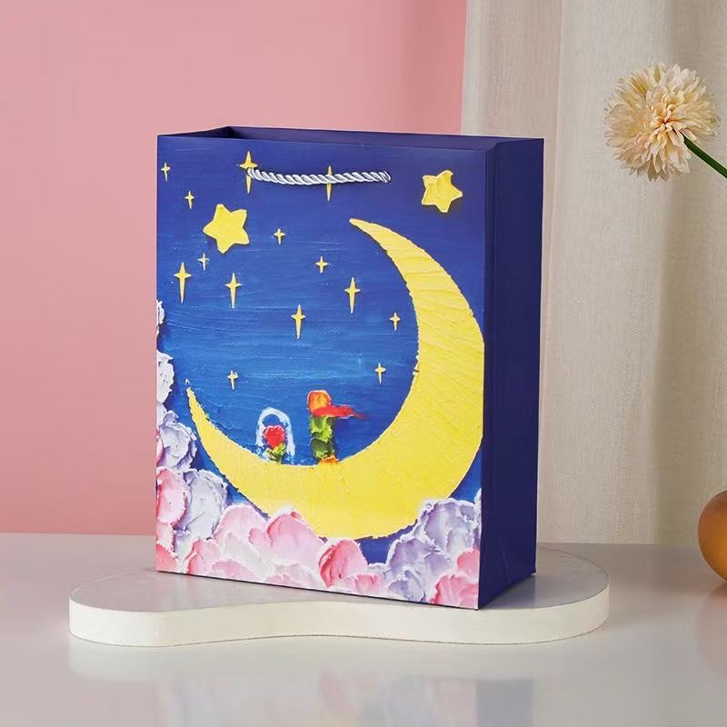 创意油画纸袋奶茶购物鲜花收纳手提袋生日礼品袋彩印纸袋批发包装伴手礼包装盒白底实物图